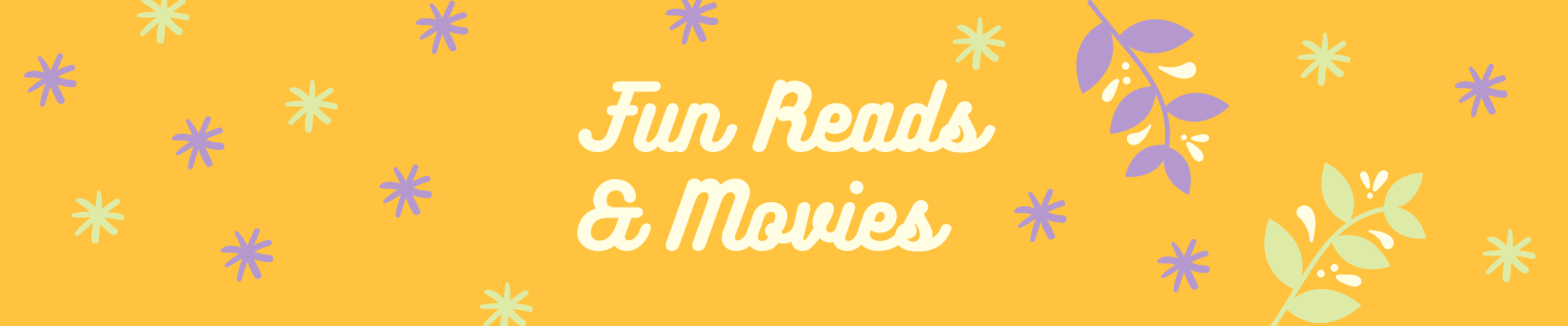 wintry fun reads banner Three d snowflakes on a light blue background are behind the words fun reads and movies.
