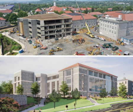 Construction photo and artist's rendering of the side of Carrier Library facing Grace Street
