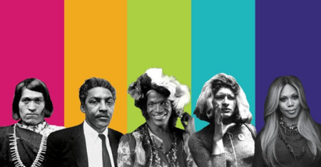 photo of a diverse group of people on a rainbow backdrop