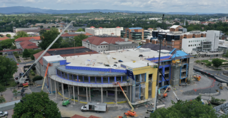 August 2024 aerial view of the welcoming arc at the redesigned existing entrance facing D-Hall.