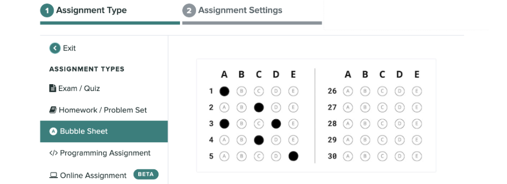 screenshot of Gradescope Bubble Sheet