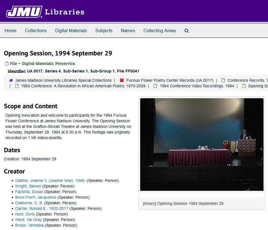 Screenshot of JMU's ArchivesSpace showing the Finding Aid and a video thumbnail that links to the Aviary audiovisual platform
