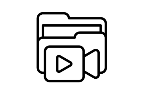 black and white line drawing icon of video files in a folder by saripah from Noun Project (CC BY 3.0)