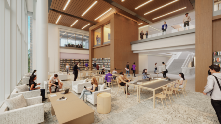 artist's rendering of an open study space in carrier library
